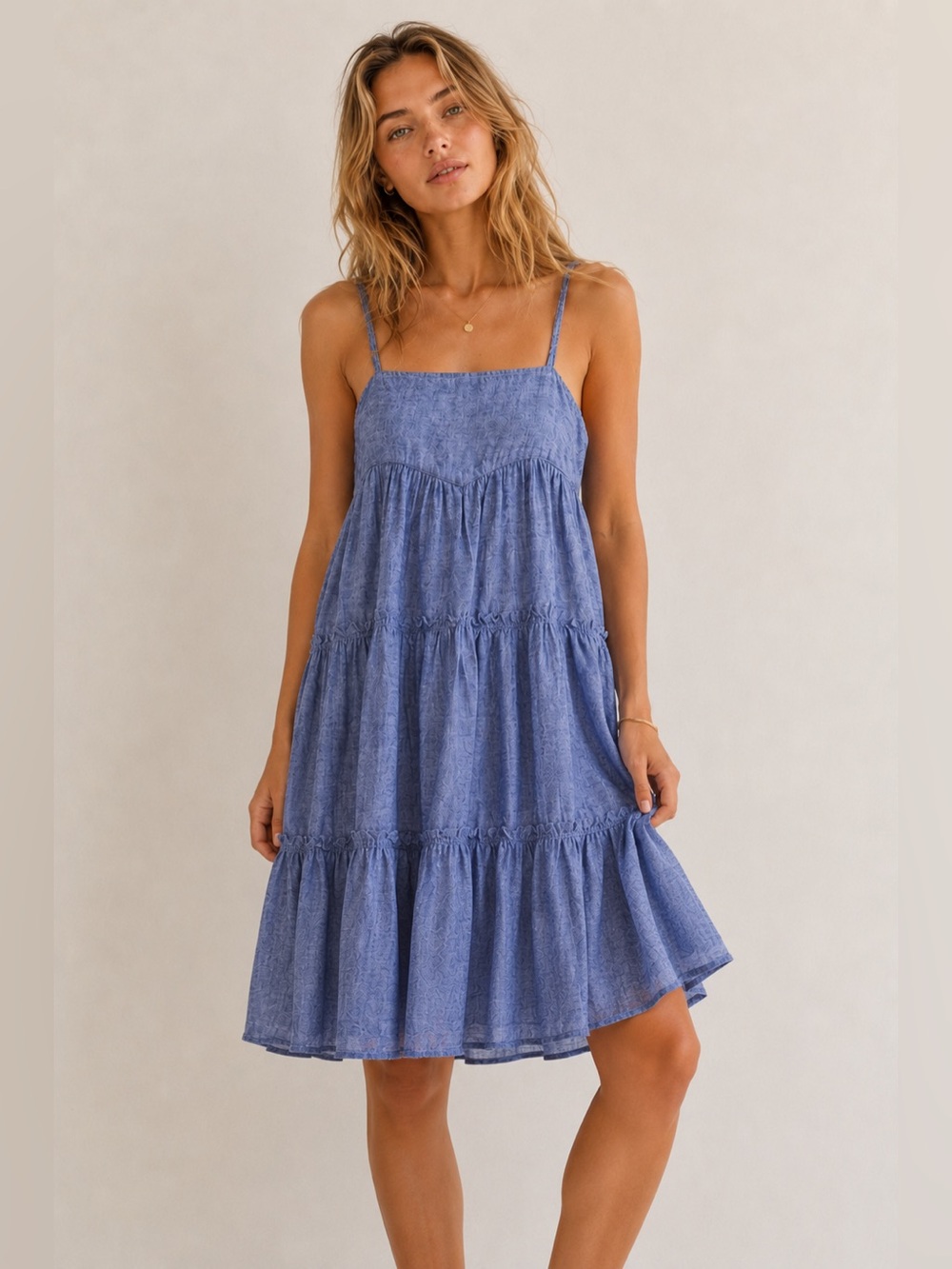 Anthropologie DRA Los Angeles Chambray Blue Cotton Tiered Sun Dress XS Cottage
